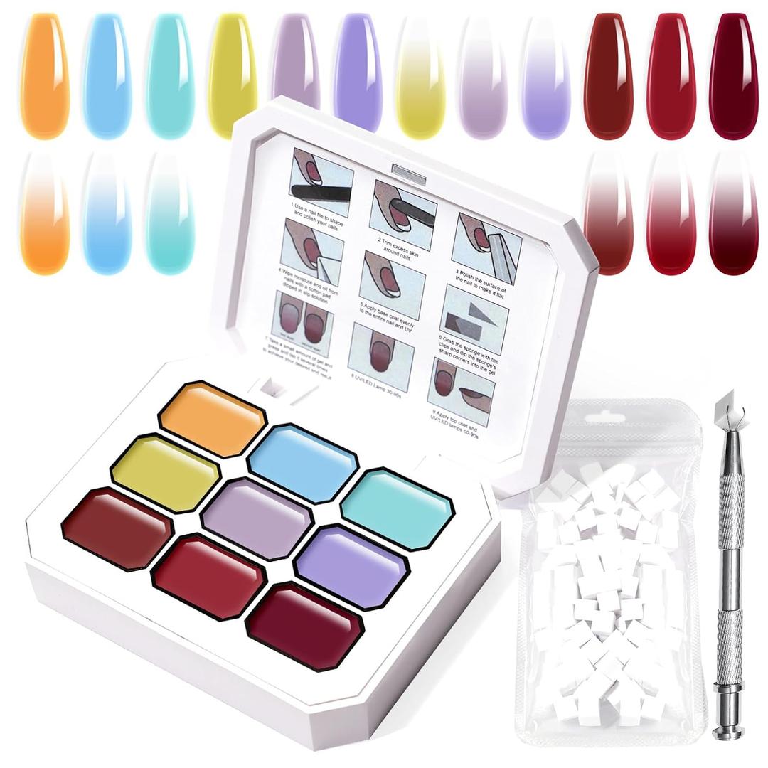 Gradient Painting Gel, 9 Colors Ombre Gel Nail Polish with 100Pcs Nail Sponges & 4 Claws Metal Grabber, Sponging for Ombre Nails Aura Nails, French Manicure DIY Nail Art (02) (Beachsise Candy Set)