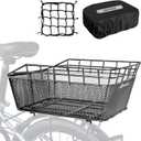 RAYMACE Bike Basket Rear with Cargo Net and Waterproof Cover, Wire Bicycle Basket Large Capacity Storage, Fits for Most Bicycle and Electric Bike with Rear Rack