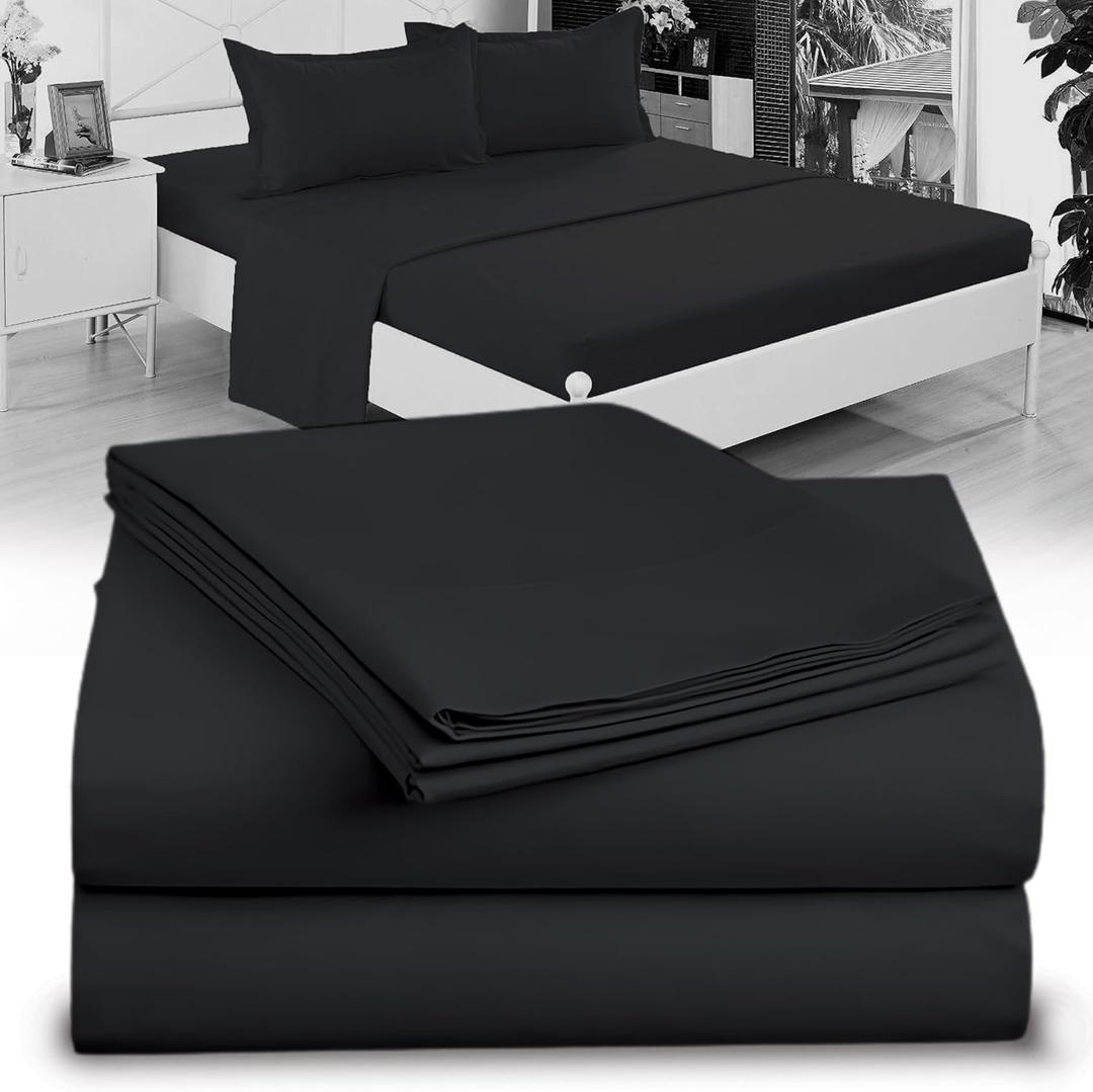 Twin XL 100% Microfiber Double Brushed Sheet Set - Extra-Soft & Wrinkle-Free - 15" Deep Pockets, 39" x 80" - Ideal for Dorms, Hospitals & Split King Beds - 3 PC Set (Twin XL, Black)