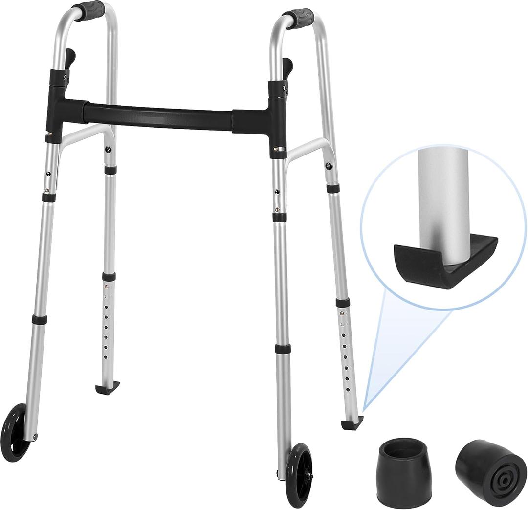 Careboda Folding Walker for Seniors, Lightweight Walker with Front Wheels & Glide Skis, Height Adjustable for Men & Women, 30-37 Inches, Easy to Move and Stable, Supports Up to 300 lbs, Silver