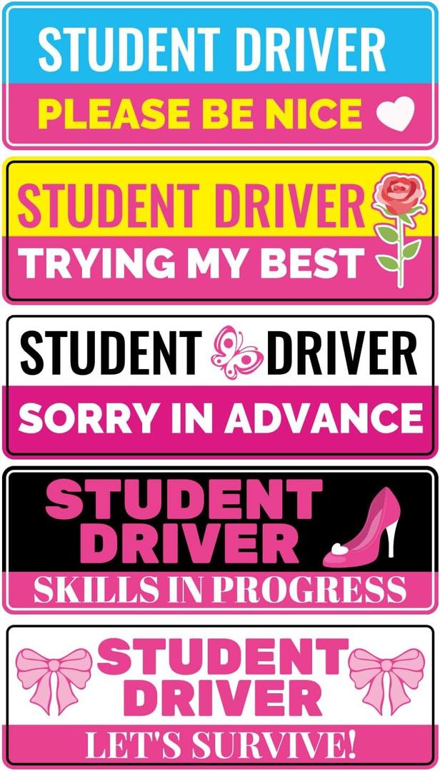 5pcs Student Driver Magnet, Cute Pink Student New Driver Magnetic Car Magnet Please Be Nice Trying My Best Decal Reflective Bumper Sticker Rookie Safety Novice Beginner Warning Sign for Car Learner