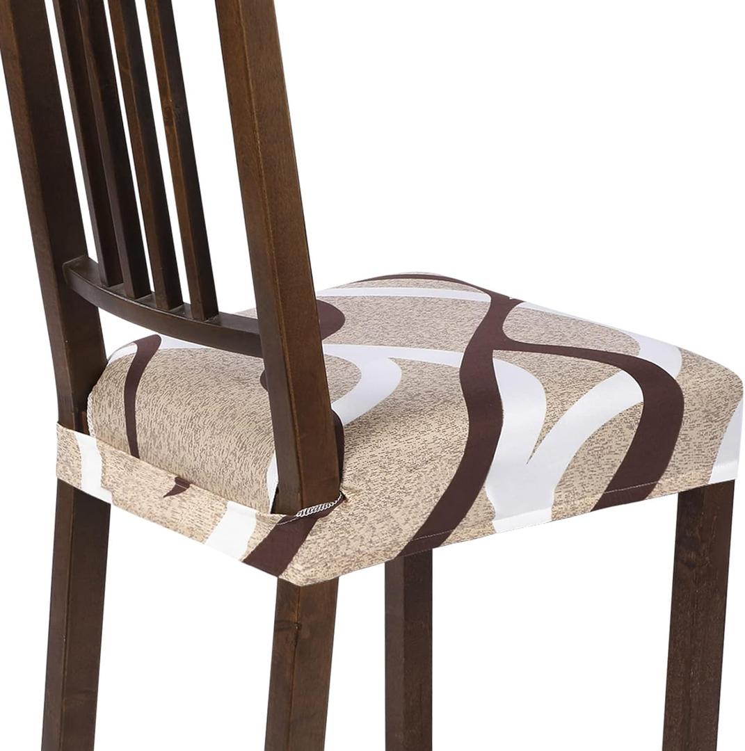 SearchI Stretch Dining Chair Seat Covers Set of 8, Soft Removable Washable Seat Covers for Dining Chairs, Dining Room Seat Cover Slipcover Protector (Rear-Covered, Beige)