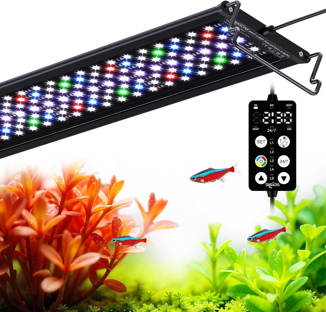 Aquarium Light for Fish Tank, 24/7 Custom Timer, Power-Off Memory, 7-Row LED 24-30in Full Spectrum Fish Tank Lights, 8 Colors, 20 Brightness, Day&Night Cycle, Adjustable Mount for Freshwater