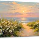 SLYCAY Extra Large Beach Wall Art, Coastal Sunset Pictures Wall Decor Ocean Landscape Painting Floral Canvas Prints Living Room Office Bedroom Artwork 24"X48"
