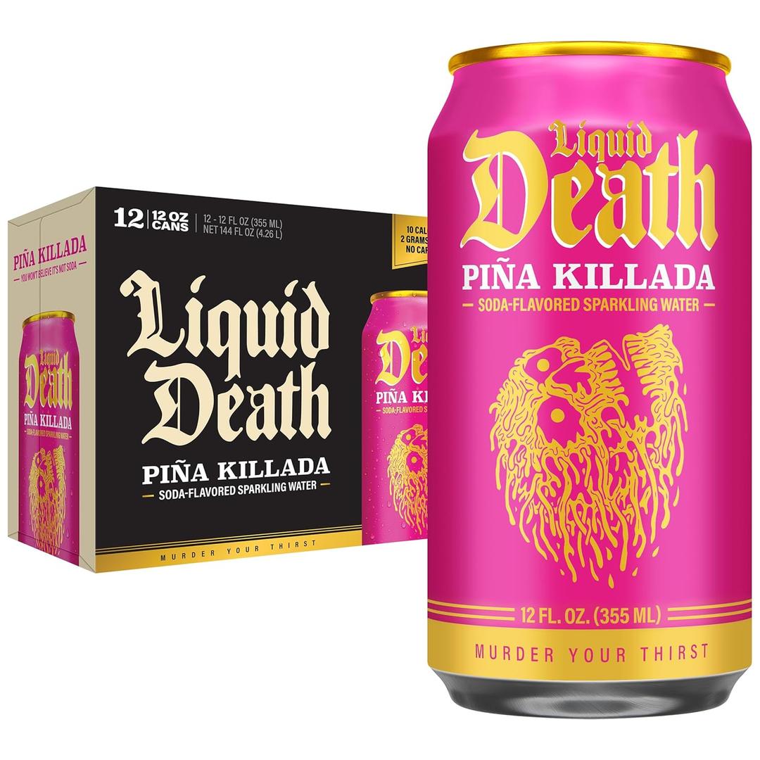 Liquid Death Soda-Flavored Sparkling Water - Pia Killada (Classic Pia Colada), Less Sugar*, Huge Flavor, No Caffeine, No Artificial Sweeteners, 12 Fl Oz (Pack of 12) (EXP 12/23/27)