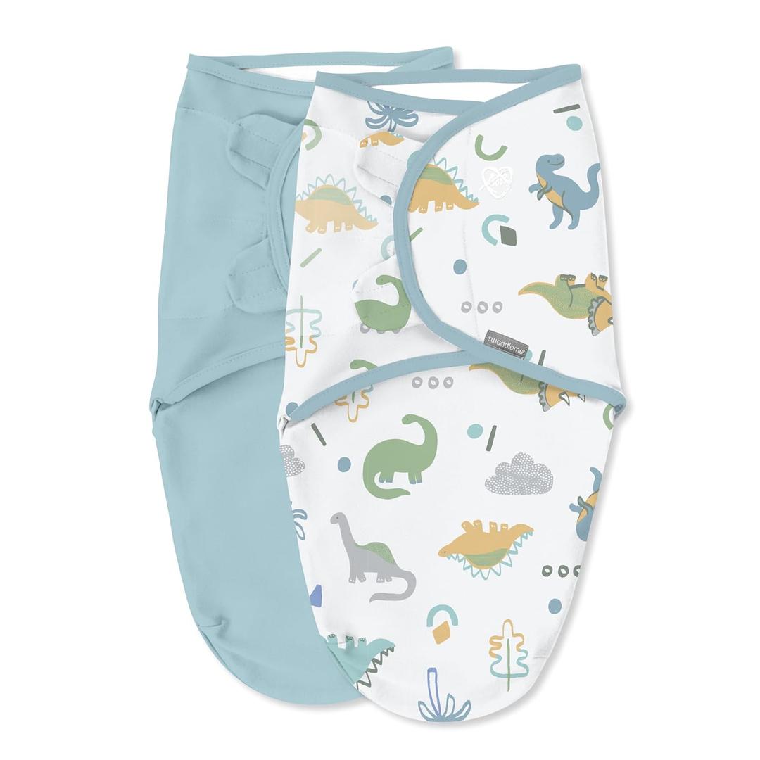 SwaddleMe by Ingenuity Original Swaddle, 100% Cotton, Improves Sleep & Calms Startle Reflex, 0-3 Months, 1.0 TOG, 2-Pack, Baby Swaddle Blanket - Tropical Dino