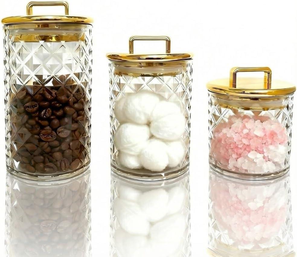 3-Pack Diamond-Cut Acrylic Storage Jars with Gold Lids  Airtight Clear Canisters for Bathroom & Kitchen | Apothecary Jars for Cotton Pads, Qtips, Snacks, Candy & Home Organization