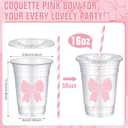 Sliner 50 Pcs 16 oz Coquette Pink Bow Disposable Plastic Cups with Straw for Party Supplies Pink Bow Cup Birthday Wedding Bridal Engagement Drinkware for Christmas Baby Shower Birthday Party Decor
