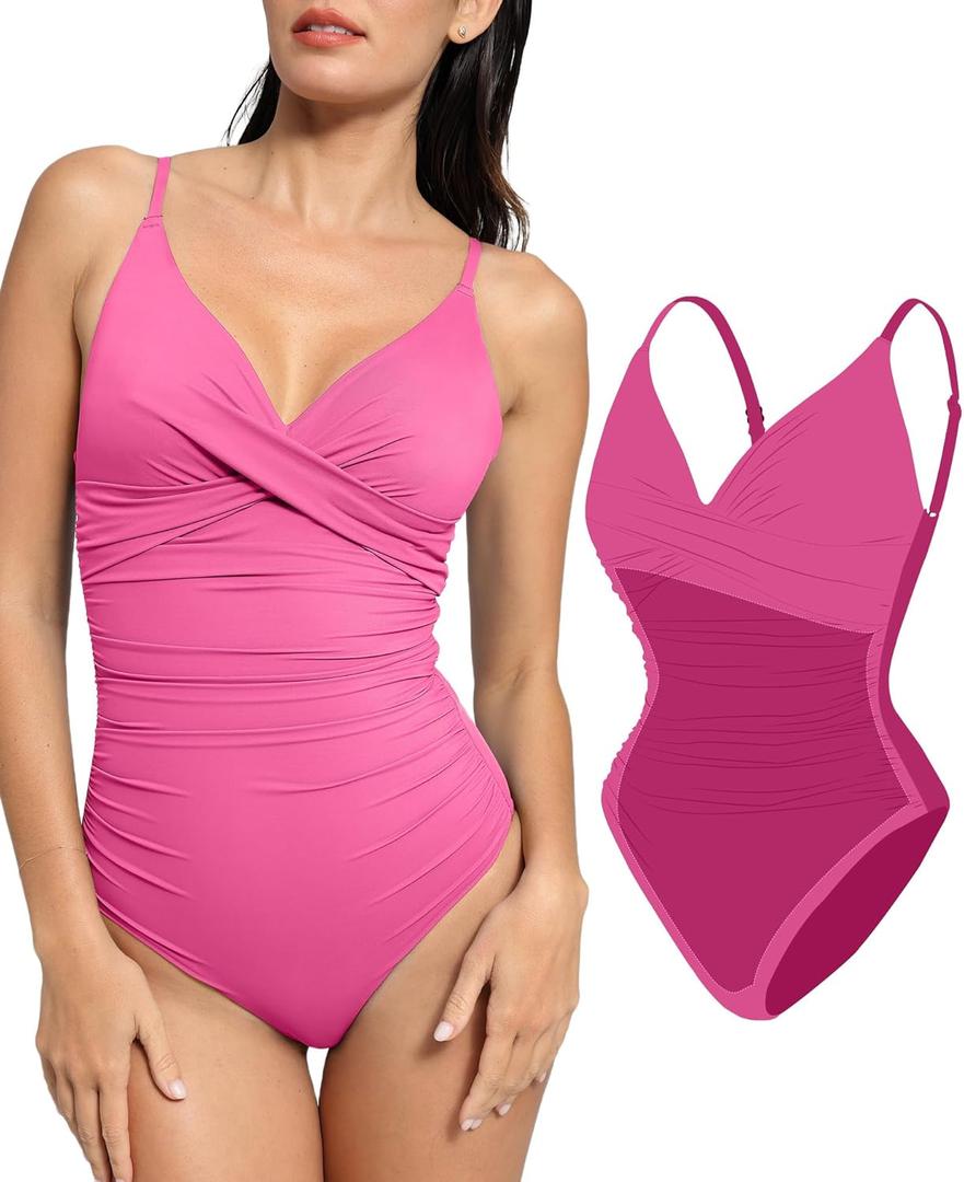 Popilush Swimsuit One Piece Tummy Control Ruched V Neck Bodysuit Push Up Padded Bathing Suits (X-Small, Pink)