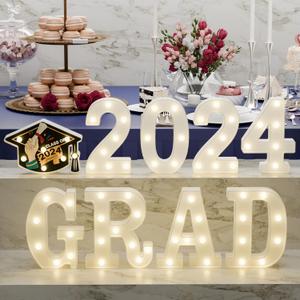 Graduation Party Decorations 2024-8 LED Long Marquee Light Up Letters 'Grad 2024' and 1 'Doctorial hat' - Graduation Party Decor for Kindergarten Preschool High School College Graduation