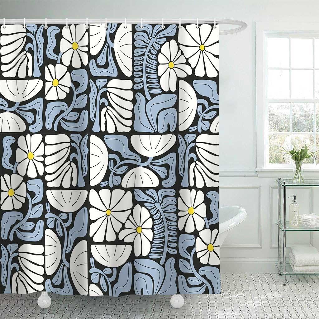 Boho Abstract Colorful Floral Shower Curtain, Vintage Retro Patchwork White Blue Flower Botanical Geometric Aesthetic Groovy Bathroom Decor Shower Curtain Set with 12 Hooks, 70X70IN