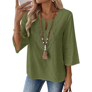 LOMON Womens 3/4 Sleeve Tops Cotton Linen Shirts V Neck Lace Casual Loose Fit Blouses Boho Fashion (Army Green 02) 3XL