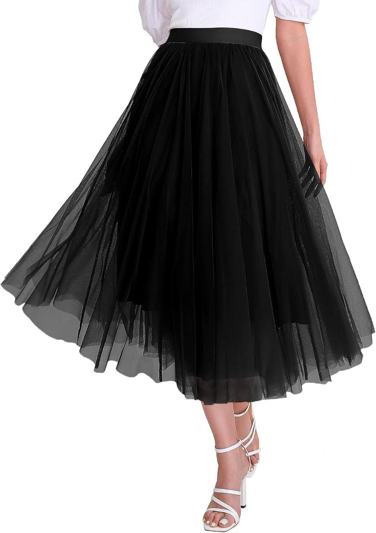 Womens Tulle Skirts Midi Elastic High Waist Pleated Mesh Flowy A-Line Party Long Tutu Skirts (Medium)