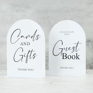 Set of 2 White Acrylic Wedding Signs, 5"x7" White Arch Acrylic Table Sign and Base, Modern Font TableTop Reception Sign for Wedding & Party Event