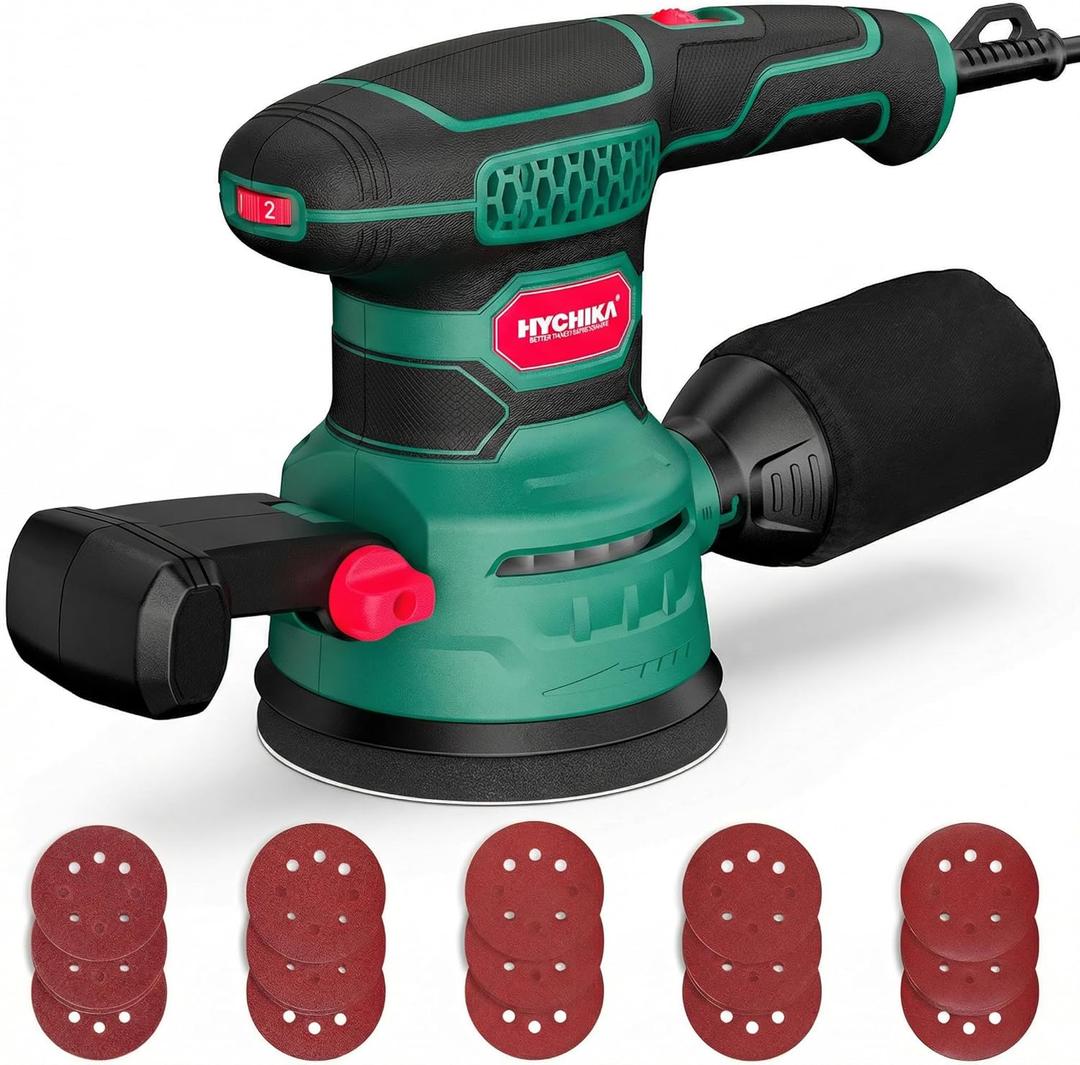 HYCHIKA 3.8Amp 450W Random Orbit Sander, 6 Variable Speed 5-Inch Electric Wood Sander with Unique Double Handle, High Efficiency Dust Collector & 20Pcs Sandpapers for Heavy Duty Woodworking