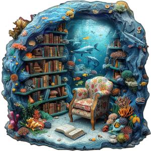 Wooden Puzzles for Adults - Undersea Book House Wooden Puzzle, Unique Shape Wood Jigsaw Puzzle for Adults, Wood Puzzles Adult, Gifts for Family, Wall Art Home Decor (100pcs 8.5 * 8.4in S)