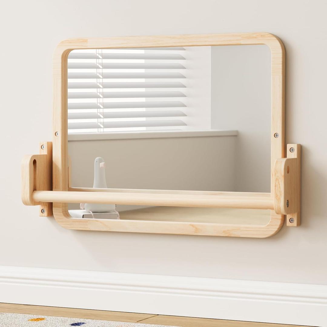 Woodtoe Montessori Mirror with Bar, Adjustable Baby Pull to Stand Toys, Natural Unpainted Solid Wood Frame & Baby Pull Up Bar, Infant Coordination Toddler Mirror, Developmental Toys for 6-18 Months