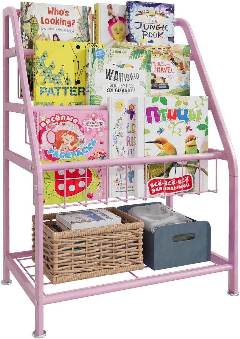 aboxoo Kids Bookshelf Small Toddler Freestanding for Children Room 18 inches Metal Bookcase Toy Organizer Pink Stable Bookcase Bookstore Library Book Unit Storage for Small Place