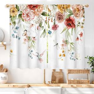 Watercolor Floral Blossom Kitchen Curtains Rod Pocket Rustic Flower Plant Colorful Farmhouse Small Short Cafe Tier Curtain Spring Wildflower Window Drapes Treatment (27.5W X 39L Inch 2 Panel)
