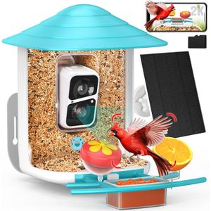 birdsnap TUC Bird Feeder with Camera 2K HD, Solar Panel 32GB Card 4-in-1 Perch, 160View Auto Detect & Notify AI Identify Video Bird Camera Wireless Outdoors Ideal Gift for Birds Lover (Blue)