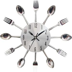 Kitchen Cutlery 3D Removable Modern Creative Wall Clock for Home Room Decor and Nice Gifts (Silver)