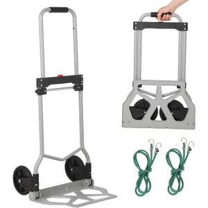 Folding Hand Truck, 180 Lbs Capacity Heavy Duty Portable Dolly Cart, Steel Trolley with Bungee Cord, Telescopic Handle and Rubber Wheels for Moving Shopping Travel Office Use