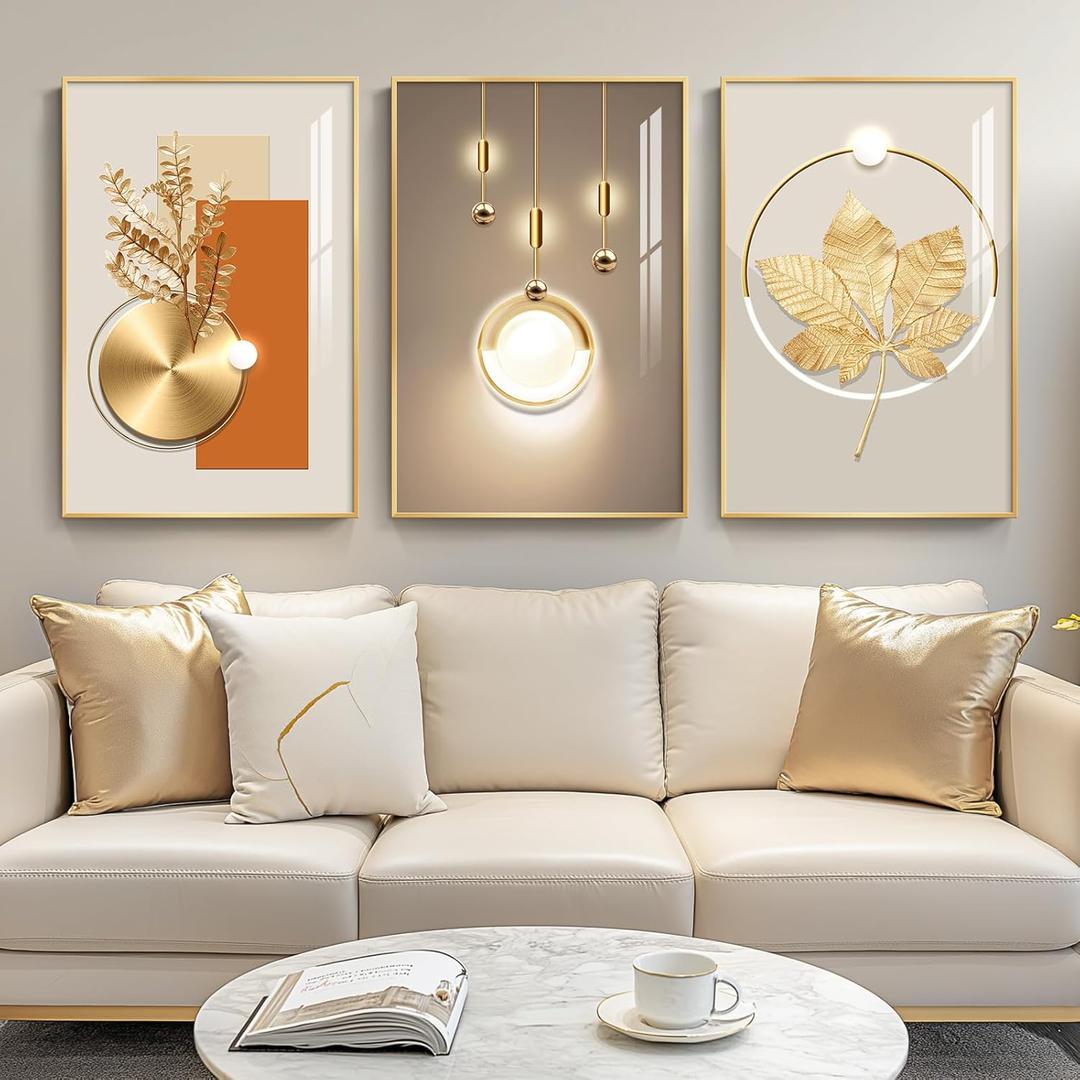 Framed Modern Luxury Gold Wall Art for Living Room, Set of 3 Piece Contemporary Paintings Artwork for Walls, Golden Prints Pictures with Gold Frame, Wall Decor for Home Office - Total 30" x 60"