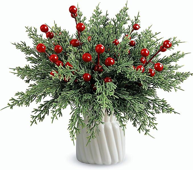 60Pcs Christmas Decorations11.8'' Artificial Pine Branches with 7.9'' Red Berry Stems, Christmas Decor Faux Pine Greenery Stems, Christmas Tree Decorations & Christmas Picks for Indoor Outdoor