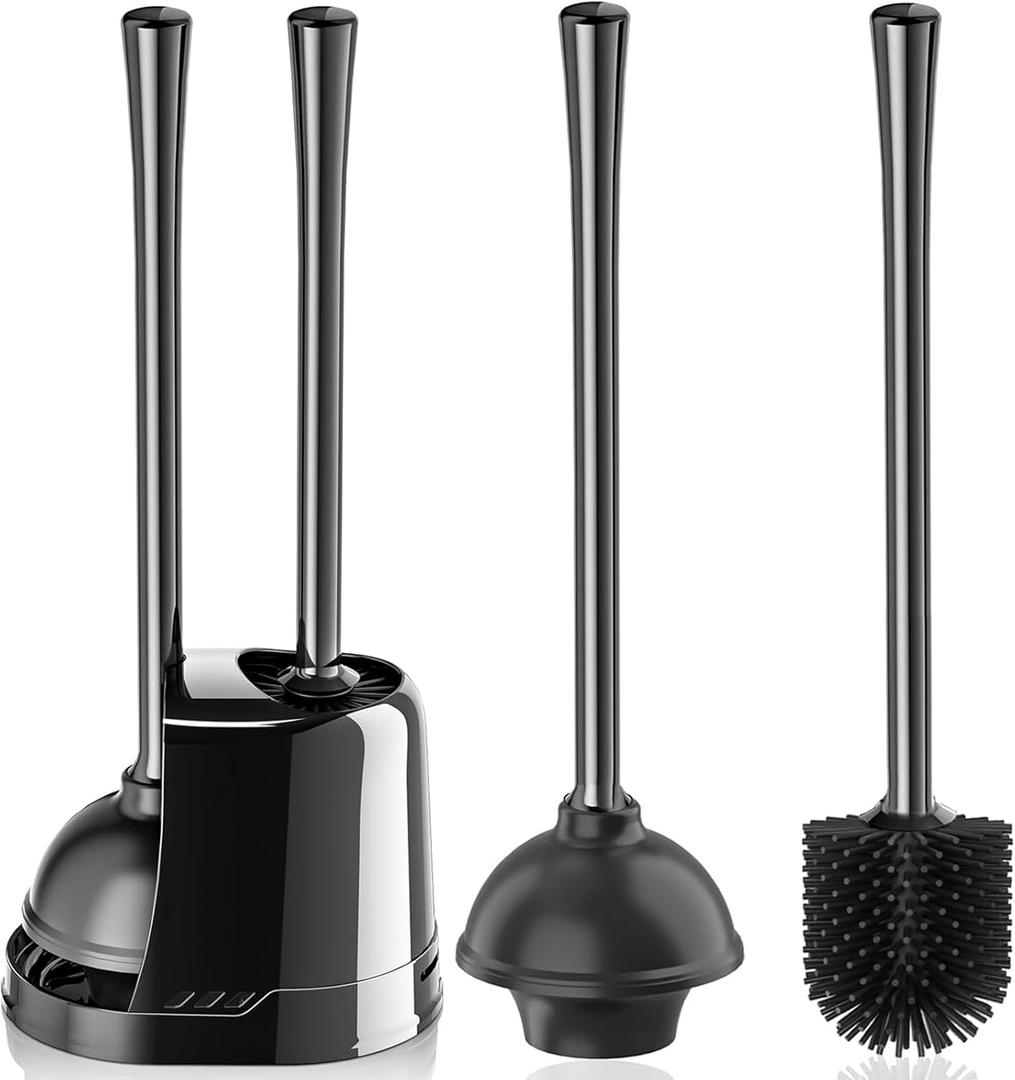 LOVLOY Toilet Plunger and Brush, Silicone Bowl Brush and Heavy Duty Toilet Plunger Set with Ventilated Holder, 2-in-1 Toilet Brush and Plunger Combo for 5.3-inch Toilet Drain Bathroom Cleaning (Black)