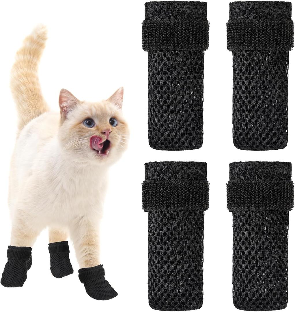 4 Packs Anti Scratch Cat Boots, Adjustable Cat Claw Protectors Covers, Black Breathable Mesh Cats Mittens Foot Covers for Indoor Cats Pet Bathing Cutting Nails
