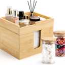 Bamboo Disposable Face Towel Holder with 2 Glass Jars - Open-Top Skincare Organizer for Facial Cleansing Wipes & Beauty Essentials - Bathroom Countertop Vanity Organizer