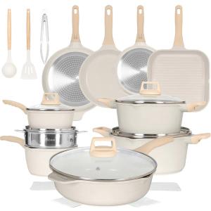 Romswi 23Piece Kitchen Cookware Set, Non Stick Pots and Pans Set, Induction Cookware with Utensil and Pan Protectors, White (White-23 Piece)
