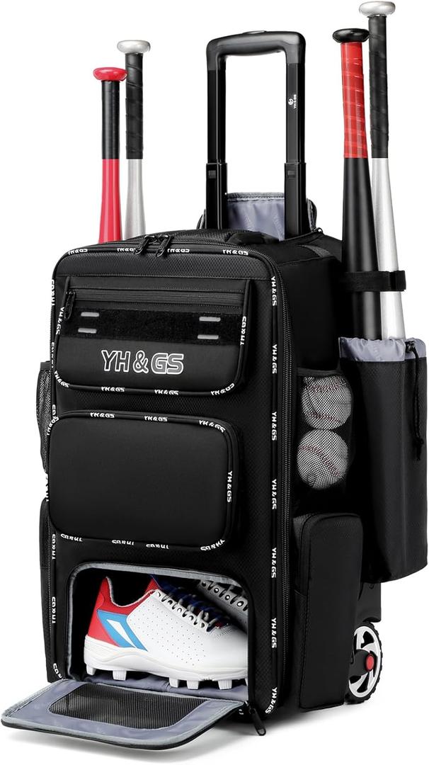 Rolling Baseball Bag,Wheeled Softball Bag with Fence Hook for TBall Bat & Equipment,Lightweight Baseball Bat with Shoe Compartment (Black)