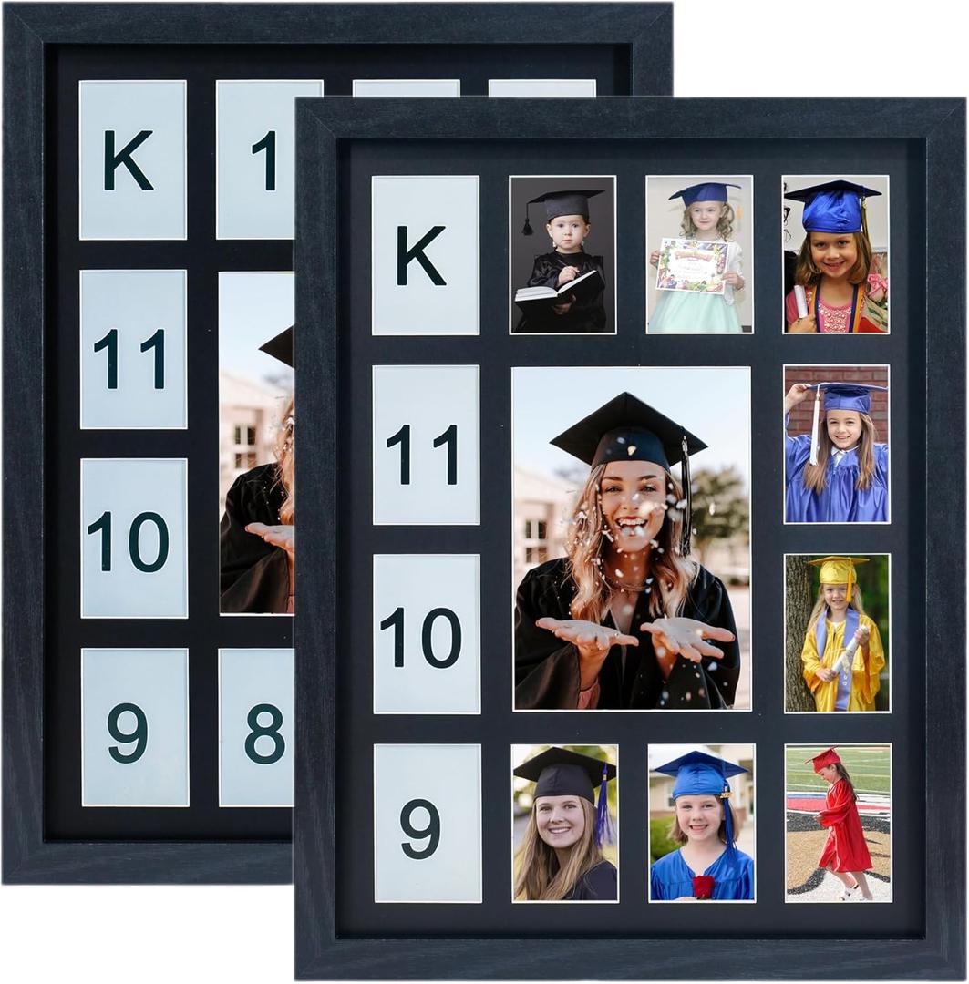 School Years Picture Frame K-12 Day Graduation Photo Collage Black Frame with Mat, Displays One 5x7 Photo and Twelve 2.5x3.5 Pictures, Pack of 2