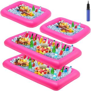 Leitee 4 Pcs Inflatable Ice Serving Bars Buffet Serving Tray Drink Cooler for Pool Party Inflatable Ice Tray Floating Food Drink Containers with Drain Plug and a Hand Pump, 2 Sizes (Pink)