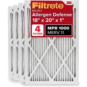Filtrete 18x20x1 AC Furnace Air Filter, MERV 11, MPR 1000, Micro Allergen Defense, 3-Month Pleated 1-Inch Electrostatic Air Cleaning Filter, 4 Pack (Actual Size 17.81 x 19.81 x 0.81 in)