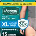 Depend Fresh Protection Adult Diapers, Incontinence Underwear for Men, Disposable, Maximum, Extra-Large, Grey, 15 Count