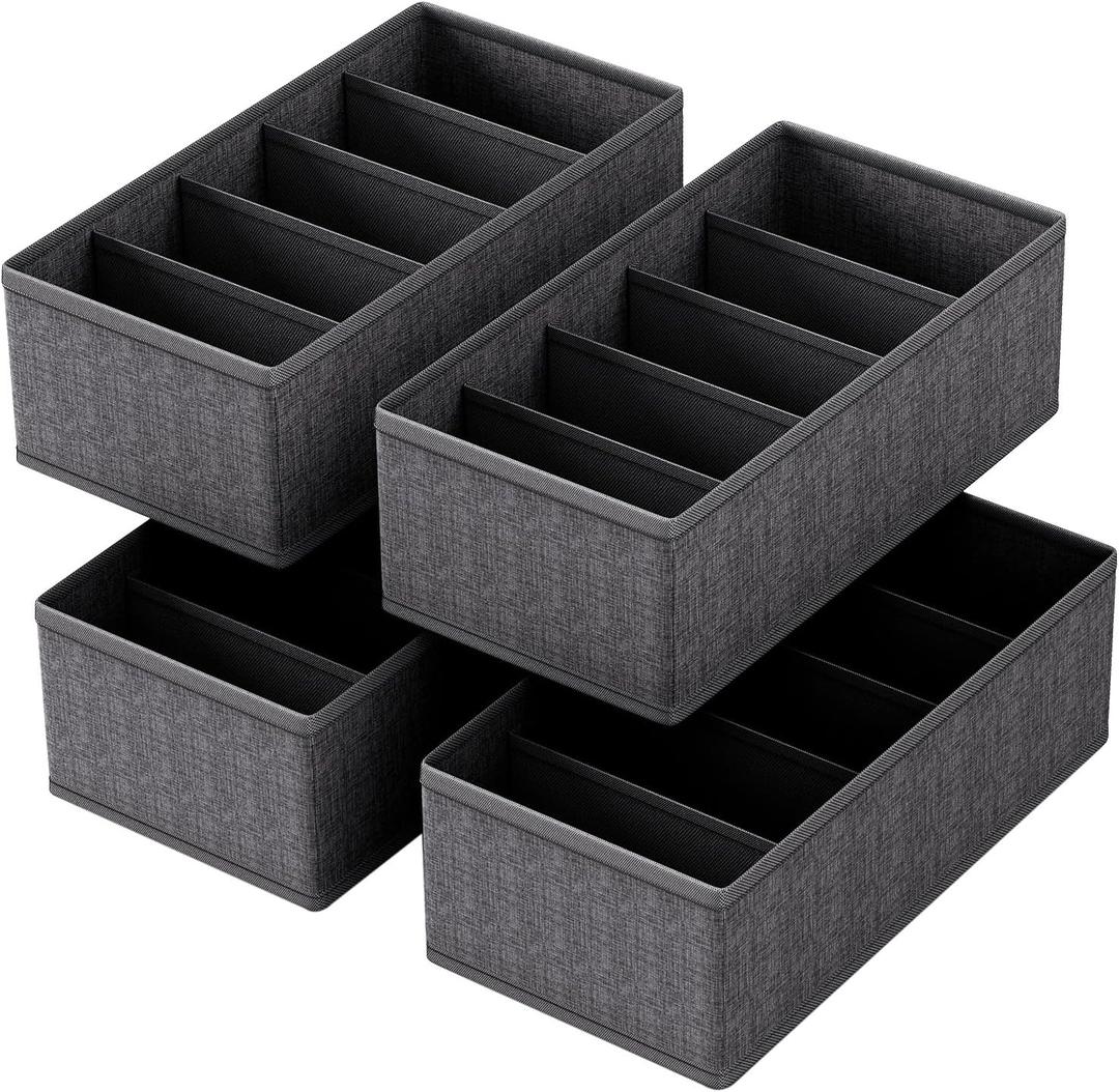4-Pack Collapsible Fabric Drawer Organizers - 12"x6"x4" Foldable Storage Box with 5 Compartments, Closet Dividers for Socks, Ties, Belts, Accessories (Grey)