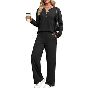 XIEERDUO Lounge Sets for Women 2 Piece V Neck Button Matching Sweatsuit Loungewear Fall Outfits Fashion Clothing Pajamas (Large, Black)