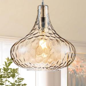 Amber Glass Pendant Light - 11-Inch Hammered Glass Ceiling Light with Brushed Nickel Finish, Adjustable Hanging Cord, Modern Lighting for Kitchen Island, Dining Room, Living Room & Hallway