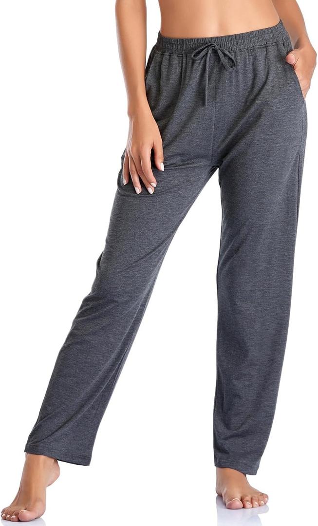 Envlon Women's Yoga Pants with Pockets Comfy Stretch Loose Wide Leg Casual Pants Breathable Running Workout Lounge Pants (Large, Dark Grey)