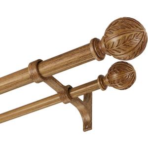 Wood Double Curtain Rods 36-72 Inch(3-6ft), Heavy Duty 1 Inch Front and 5/8 Inch Diameter Back Double Window Treatment Rod, Boho Drapery Rods with Imitation Wood Grain Finials