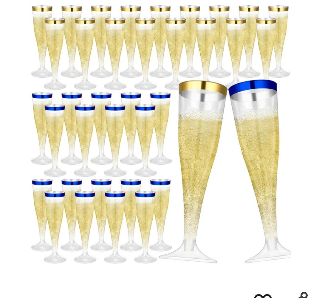 36 Pcs Plastic Champagne Flutes 4.5 oz Clear Toasting Glasses Cocktail Cup Disposable Champagne Glass for Valentine's Day Christmas Wedding Birthday Party (Blue, Gold)