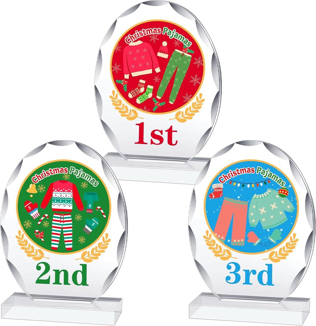 3 Pcs Christmas Contest Trophy Set 1ST 2ND 3RD Place Cookie Gingerbread Man House Pajamas Competition Kit Acrylic Awards Funny Xmas Party Trophies Tabletop Decor