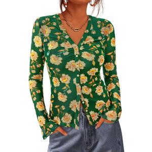 BTFBM Button Down Shirts for Women 2026 Spring Boho Tops V Neck Long Sleeve Blouses Ruched Mesh Fitted Fashion Clothing (Green, XXL)