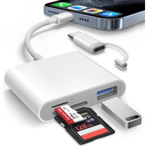 AkHolz SD Card Reader for iPhone iPad Built-in Lightening & USB-C Dual Connectors Card Adapter with SD MicroSD USB-A 3 Slots Trail Camera Memory Card Viewer, Portable No App Required Plug and Play (White)