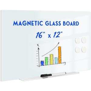 Magnetic Glass Whiteboard for Wall, 16" x 12" Glass Dry Erase Board, Frameless White Board for Home and Office - Normal White