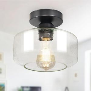Industrial Semi Flush Mount Ceiling Light: Black Seeded Glass Kitchen Lighting Fixtures Ceiling - Vintage Hallway Light Fixtures E26 Bulb Included - 8.46 Light Fixtures Mount for Foyer