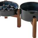 Havniva 0.9 Cup Elevated Slow Feeder Dog Bowls, 6.1 Dog Slow Feeding Bowls + 6.1 Ceramic Dog Water Bowls Set with Acacia Wood Stand, Dog Food Bowls Puzzle Feeder for Small Dogs Non-Slip Anti-Choking