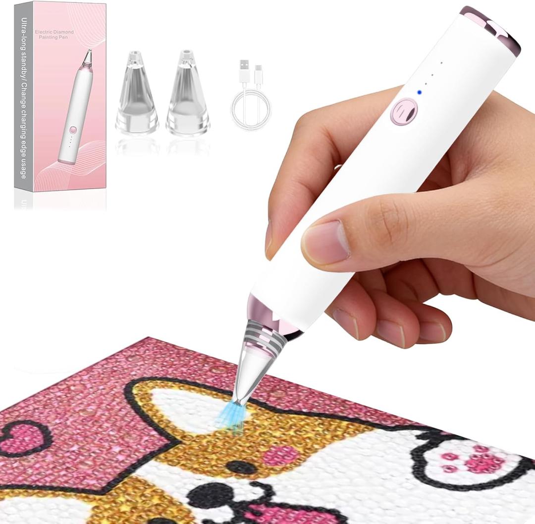 Electric Diamond Painting Pen with 3-Speed Suction & Type-C Fast Charge, Dual Nozzles for Round/Square Diamonds, Low-Noise Operation, Ergonomic Design for DIY Diamond Art Crafts Beginners & Lovers